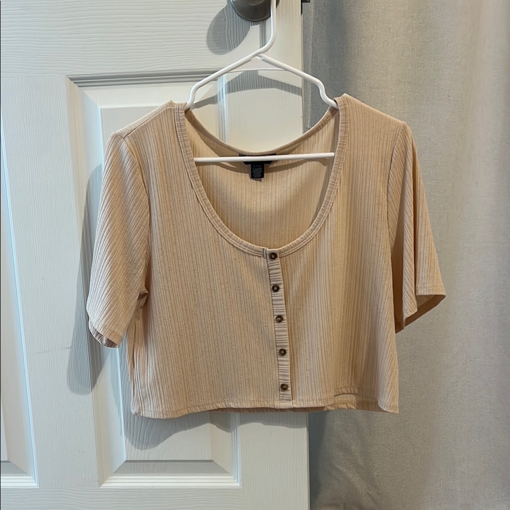 Beige Button-Front Ribbed Crop Top